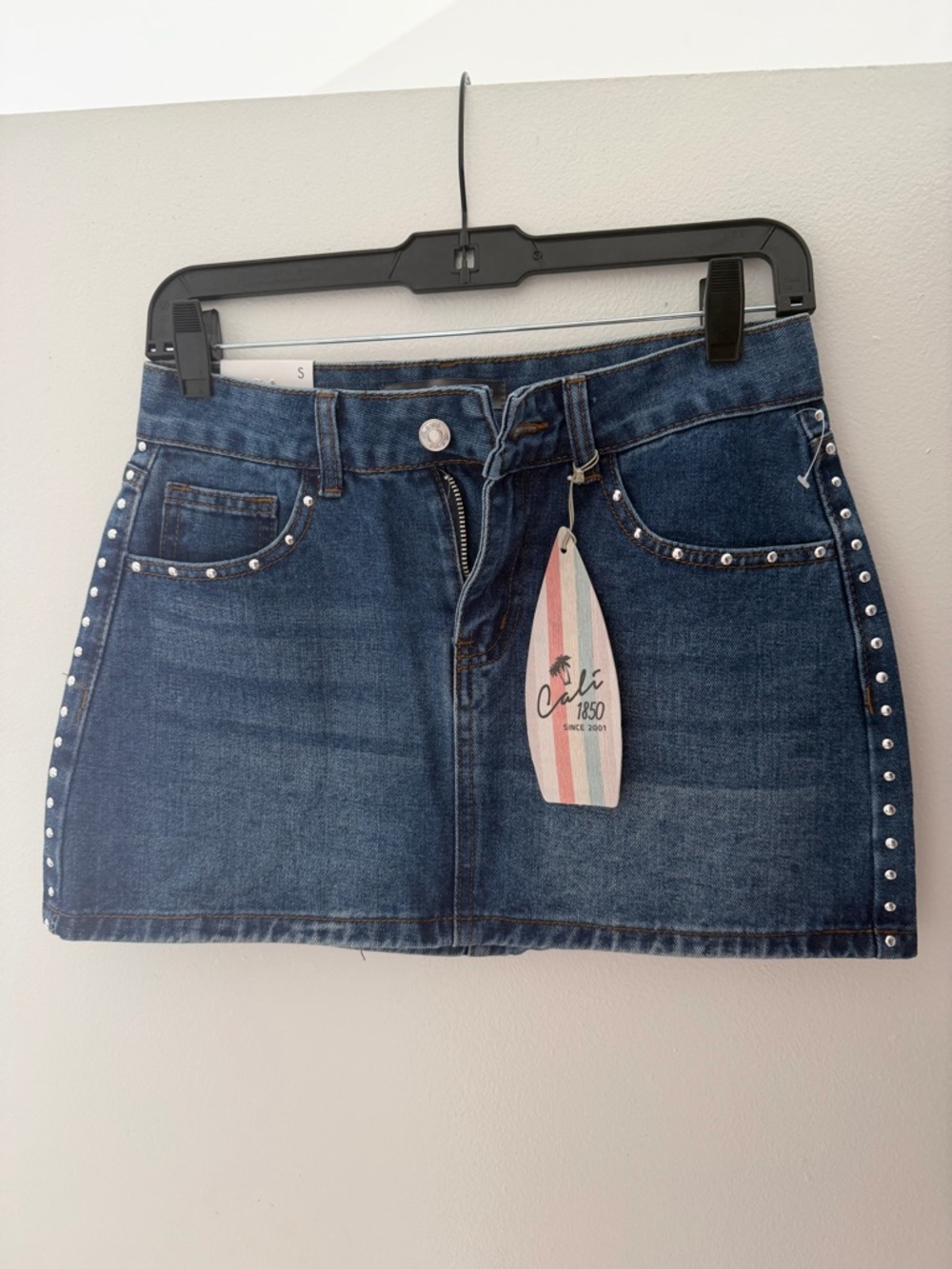 Denim Mini Skirt in Dark Blue with Stud Details